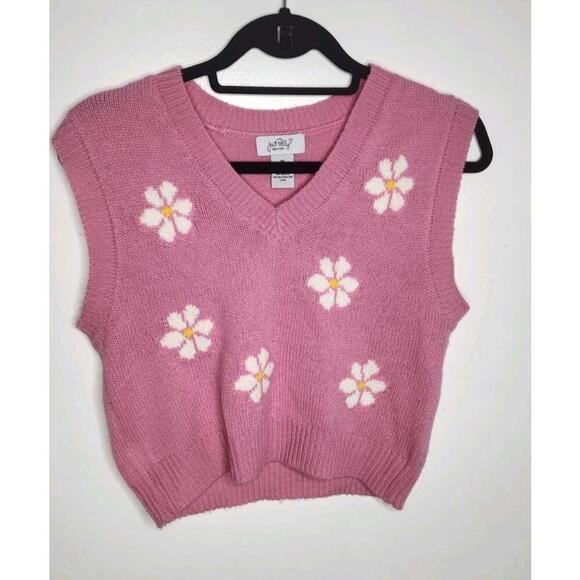Just Polly NY pink daisy floral sweater vest 100% Acrylic Pastel Academia Preppy - Picture 2 of 5